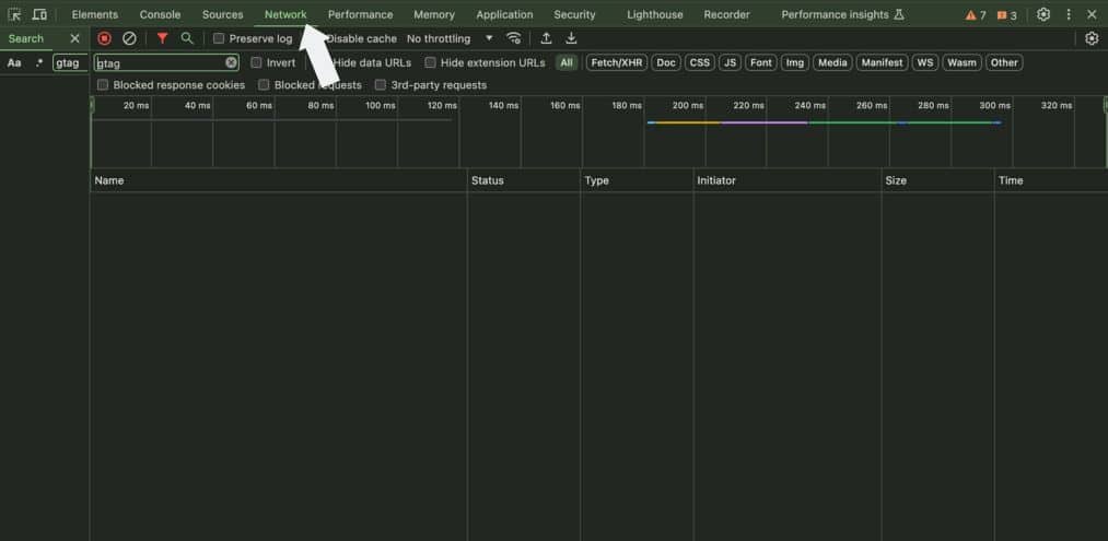 **Title:** "Step 2: Analyzing Network Requests in Chrome DevTools" **Alt Text:** The image shows the Chrome DevTools interface with the Network tab selected. The arrow points to the Network tab in the top navigation bar, indicating that the user is analyzing network requests. The network activity table is currently empty, showing columns for Name, Status, Type, Initiator, Size, and Time, along with a timeline graph above. This step is part of a process to check the network requests related to Google Consent Mode v2 implementation.