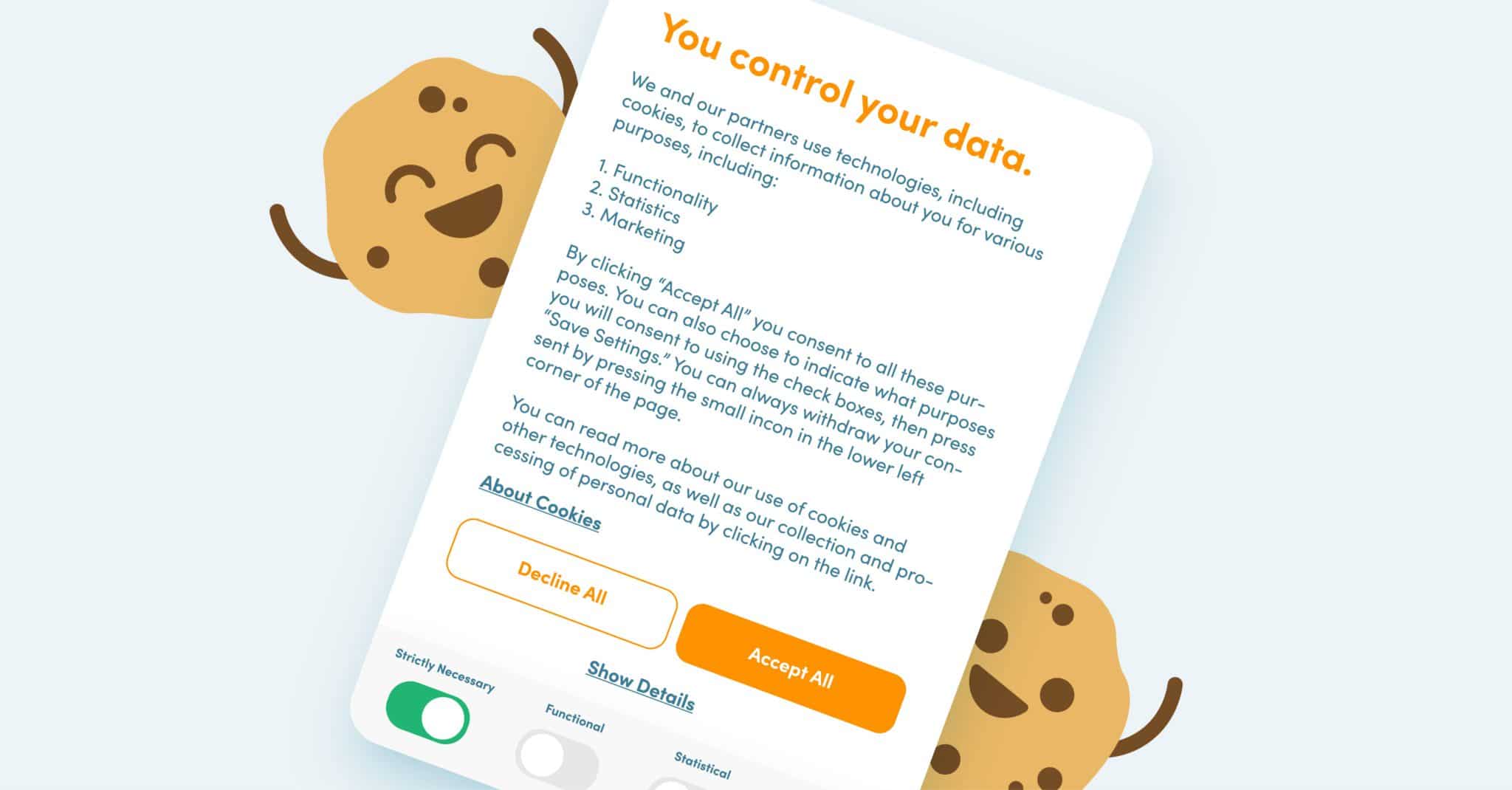 Image of a GDPR compliant cookie banner with happy cookies around it