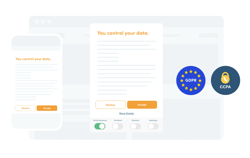 Example of Cookie Information's GDPR compliant cookie consent pop-up. The pop-up informs the users of cookies, provides granular (specific) consent and a 'Decline' button next to the 'Accept' button. Consent is a easy to reject as to give, following GDPR standards.