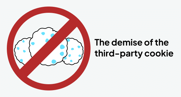 The Demise of the Third Party Cookie, image three illustrations of cookies, white with blue things. A big red no sign over it