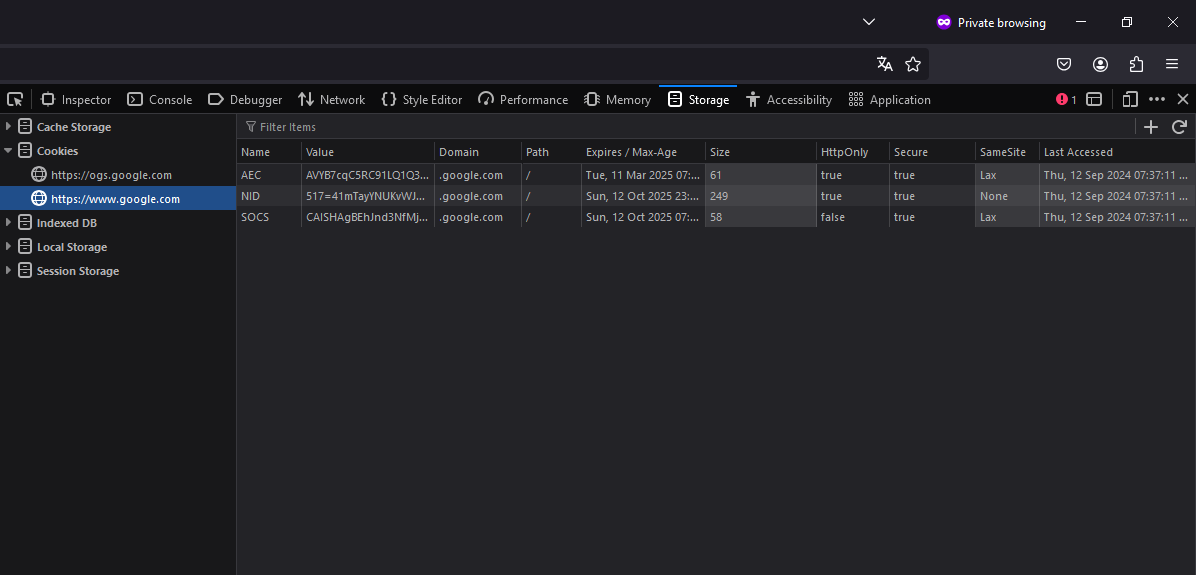 How to find the cookie overview in the Storage tab in Web Developer tools