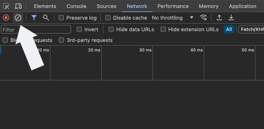 **Title:** "Step 2: Filtering Network Requests in Chrome DevTools" **Alt Text:** The image shows a close-up of the Chrome DevTools interface with the Network tab selected. An arrow points to the Filter bar, where users can input text to filter network requests. Various options are available, such as Preserve log, Disable cache, No throttling, and checkboxes for Invert, Hide data URLs, and Hide extension URLs. This step is part of a process to filter network requests related to Google Consent Mode v2 implementation.