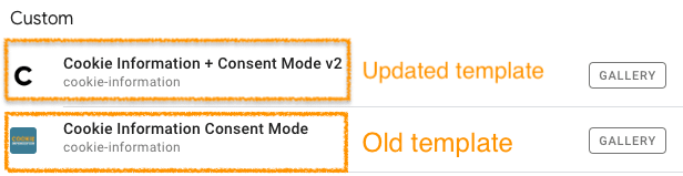 Screenshot: selecting the updated cookie information template