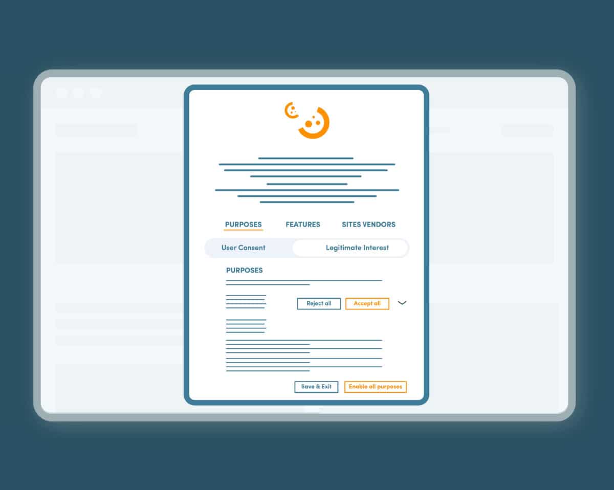 A cookie banner using dark patterns. Some websites use both consent and legitimate interest to with confusing design so users end up agreeing to cookies.