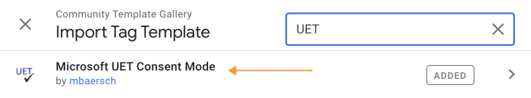 Screenshot: importing Microsoft UET consent mode template