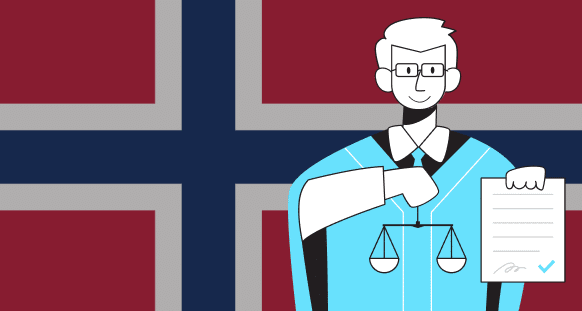 Lawyer posing in front of Norwegian flag