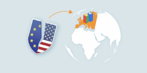 En ikon med spricka mellan den del som föreställer amerikanska flaggan och EU-flaggan. Pil pekar mot EU-kontinenten på en världskarta