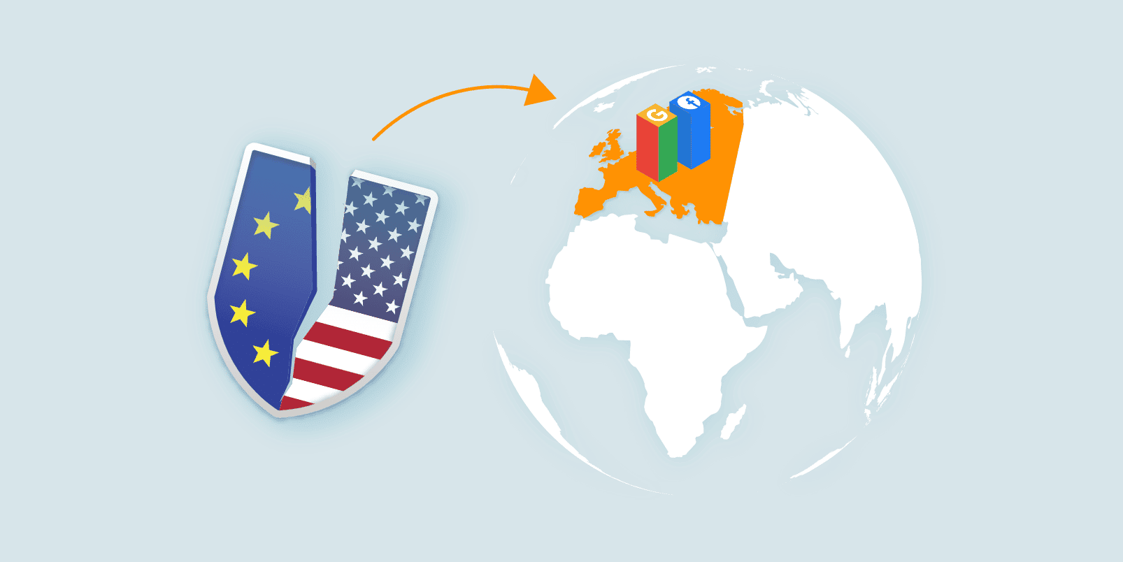 En ikon med spricka mellan den del som föreställer amerikanska flaggan och EU-flaggan. Pil pekar mot EU-kontinenten på en världskarta