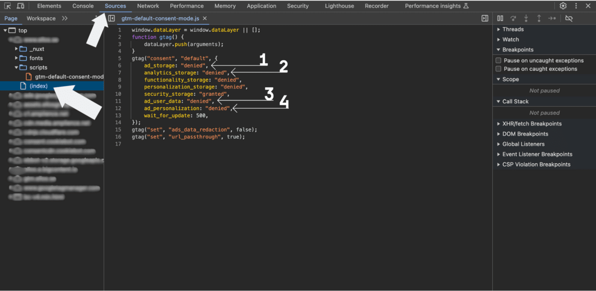 The image shows a screenshot of the Chrome DevTools interface, specifically the Sources tab. The script file displayed is named "gtm-default-consent-mode.js". Key indicators are highlighted with arrows: 1. The "Sources" tab is highlighted in the top navigation bar, indicating the user is viewing the source code of a webpage. 2. The left arrow points to the file tree where "gtm-default-consent-mode.js" is selected. 3. The right arrow points to a code block where various types of storage (ad_storage, analytics_storage, functionality_storage, personalization_storage, security_storage) are set to "denied" or "granted". This block of code is crucial in determining the version of Google Consent Mode being used. This step is part of a process to verify if the advanced or basic version of Google Consent Mode v2 is implemented.