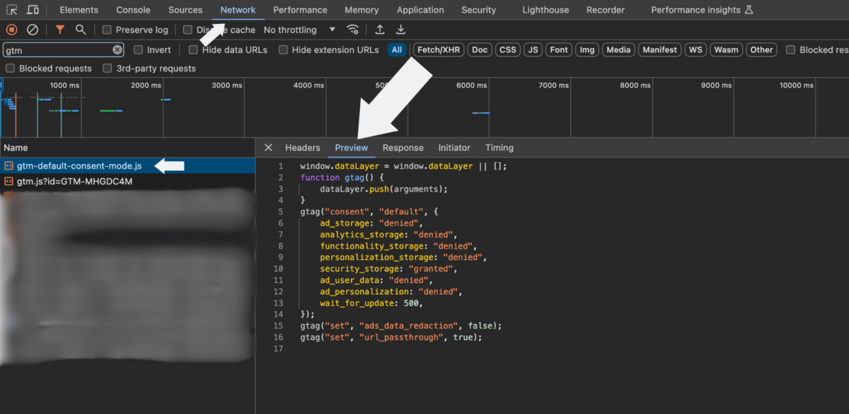 The image shows the Chrome DevTools interface with the Network tab selected. An arrow points to the Preview tab in the right panel. Another arrow highlights the "gtm-default-consent-mode.js" file selected in the network request list on the left. The right panel displays the content of the JavaScript file, showing the dataLayer configuration with various storage types set to "denied" or "granted". This step is part of a process to review the network request preview related to Google Consent Mode v2 implementation.