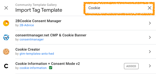 Screenshot: find and select cookie information template in community template gallery