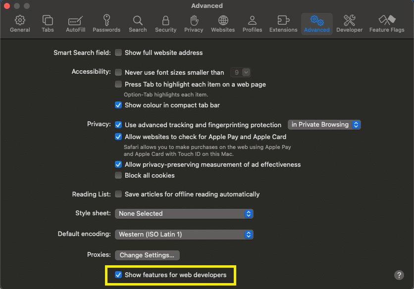 How to enable "features for web developers" in Safari