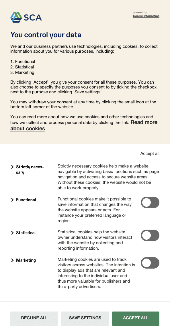 Example of a cookie banner text that informs users of cookies and data processing from one of Cookie Information’s clients